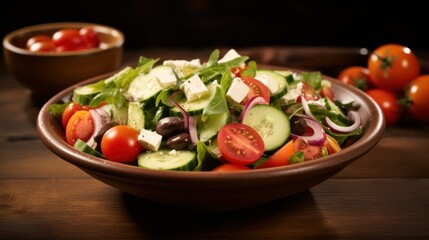  a salad with cucumbers, tomatoes, onions, cheese, and lettuce in a brown bowl on a wooden table next to a bowl of tomatoes.