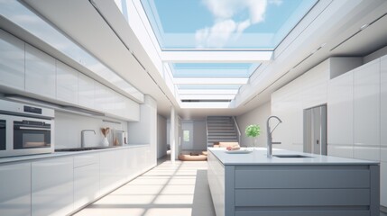 A sleek white kitchen illuminated by a stunning skylight. Generative AI.