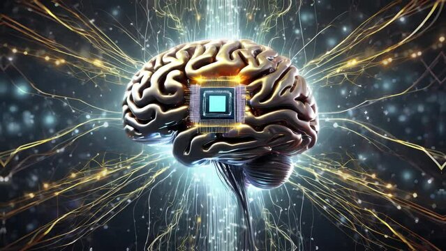 Microchip inside human brain. Electrical neural energy surrounding brain Implant with microchip at center. 2d hand animation + 3d fx of AI Generated Image