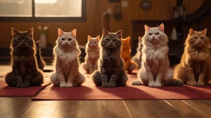 A playful group of cats enjoy a yoga session on colorful mats at a cozy studio. Meow-some!...