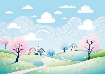 a pretty springtime landscape with some houses and trees Generative AI