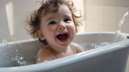 A baby laughing in a bath tub. Generative AI.