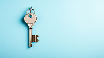 Key moments, Singular key on a captivating blue background, a symbolic and versatile concept for impactful stock photos.