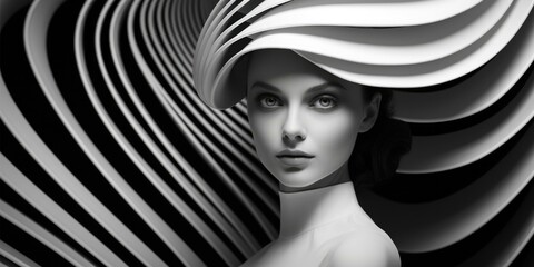 A stylish woman wearing a black and white hat. Generative AI.