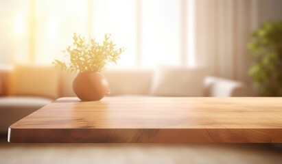 A wooden table with a vase of flowers in front of a couch. Generative AI.