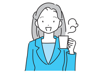 暖かい飲み物で休憩するスーツの若い女性