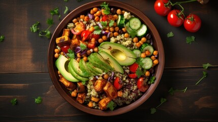  a bowl of salad with avocado, tomatoes, chickpeas, chickpeas, chickpeas, and other vegetables on a dark wood table.