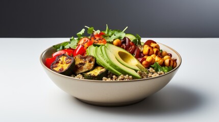  a close up of a bowl of food with avocado, tomatoes, corn, tomatoes, and other veggies on a white table with a gray background.