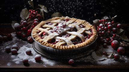 Winter apple and cinnamon pie. Food concept photography. Christmas decorations. Generative AI