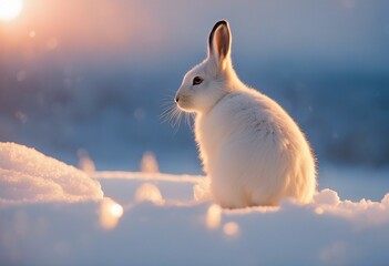 Artic hare or rabbit sitting in arctic sunset snow falling young Artic hare resting on an ice floe - obrazy, fototapety, plakaty