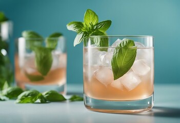 Basil and gin cocktail with ice in rocks glass on light pastel blue background