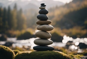 Zen stone stacks balance on stream relaxing wellness background with stones zen balancing rocks on water - obrazy, fototapety, plakaty