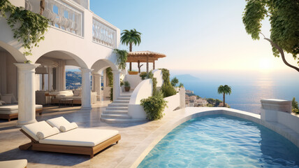Luxury Mediterranean villa with pool overlooking sea in summer. Rich mansion with terrace, white house or resort hotel in Greek style. Concept of property, sunset, Greece and travel - obrazy, fototapety, plakaty