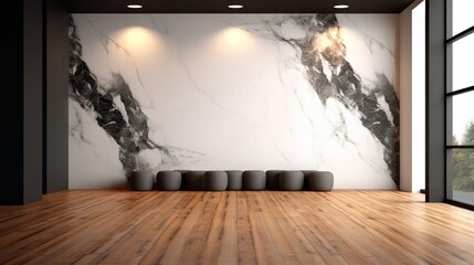 Beautiful entirior background for presentation black and white marble wall and wooden floor