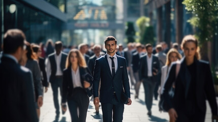 Business lifestyle, confident man in suit walking through busy people crowd at business district