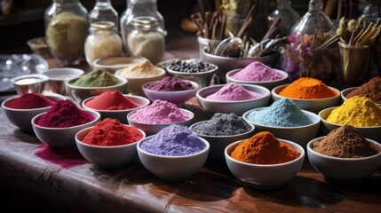  a table topped with bowls filled with lots of different colored powdered items next to a jar of salt and a glass jar of salt and pepper shakers on top.