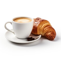 Cup of coffee with croissant isolated on white background