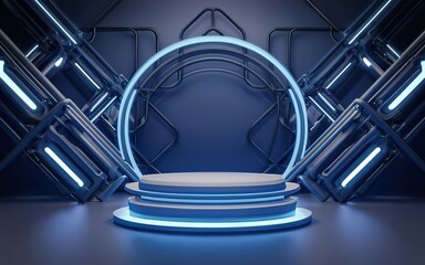 Abstract minimal scene with round podium and neon lights, 3d render