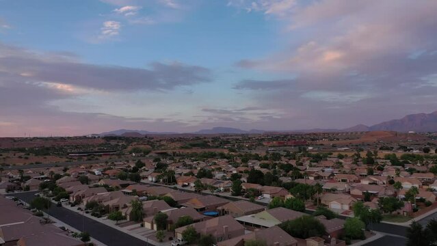 Aerial drone shot of Mesquite, Nevada at sunset on a beautiful summer evening