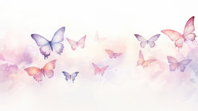  a group of pink butterflies flying in the air with watercolor paint splashing on the back of the image and the bottom half of the image in the bottom half of the frame.