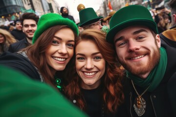 Group of young people perform St. Patrick day. Youth celebrating Saint Patrick's day posing outside on street make selfie posing, Wear green clothes, laughing, going to pub drink beer - obrazy, fototapety, plakaty