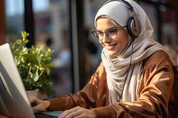 Beautiful arab girl in headscarf and headphones working remotely from home