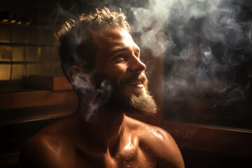 Happy man sitting in bath and steaming, smile of satisfaction on his face - obrazy, fototapety, plakaty