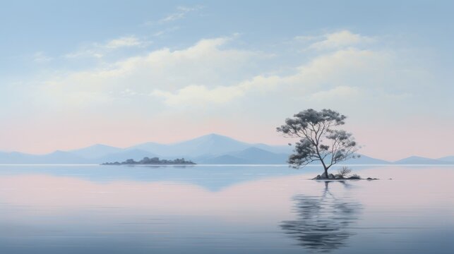  a painting of a lone tree in the middle of a body of water with mountains in the distance and a blue sky with white clouds in the middle of the water.