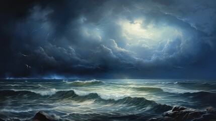  a painting of a storm in the ocean with a full moon in the sky above the ocean waves and birds flying in the sky above the water and on the water. - obrazy, fototapety, plakaty