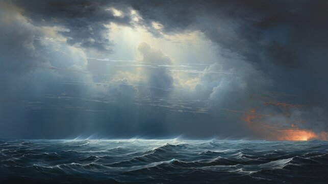  a painting of a large body of water with a boat in the middle of the ocean under a cloudy sky with sunbeams and rays coming through the clouds.