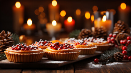 Torta di zucca farcita con panna su un tavolo tipicamente invernale con candele accese