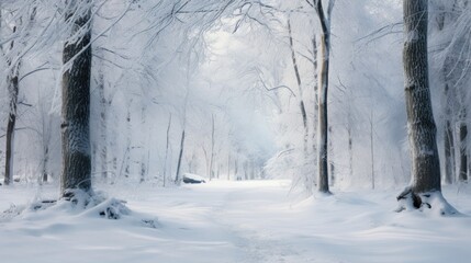  a path through a snow covered forest with lots of trees on either side of it and a person on the other side of the path on a snow covered path.