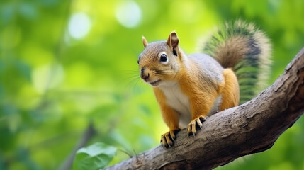 Portrait of fox squirrel (Sciurus niger) sitting on branch isolated on green. generative ai