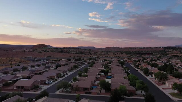 Aerial drone shot of Mesquite, Nevada at sunset on a beautiful summer evening