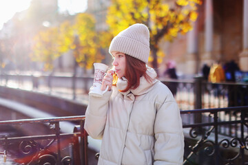 girl drink mineral water in resort town Karlovy Vary - obrazy, fototapety, plakaty
