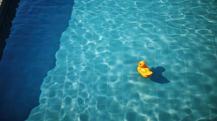  an overhead view of a pool with a rubber ducky floating in the middle of the pool and the water reflecting off of the pool side of the swimming pool.
