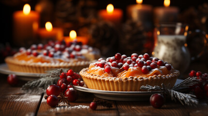 Torta di zucca farcita con panna su un tavolo tipicamente invernale con candele accese - obrazy, fototapety, plakaty