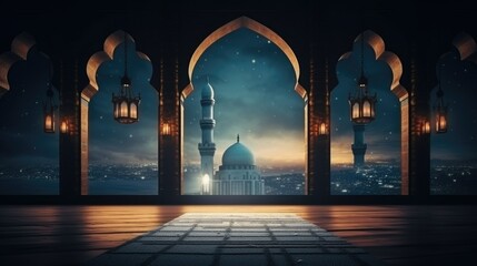 Islamic Mosque interior with arches and view to other Mosque at night time with moon light - Powered by Adobe