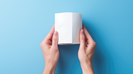 Closeup woman hand taking toilet paper from paper roll on isolated color background with space for copy - obrazy, fototapety, plakaty