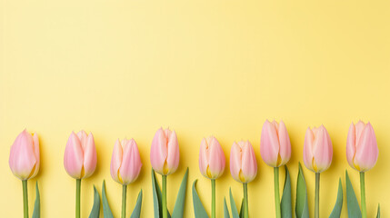 Valentine's Day  Banner, Soft Pink Tulips on Yellow Background