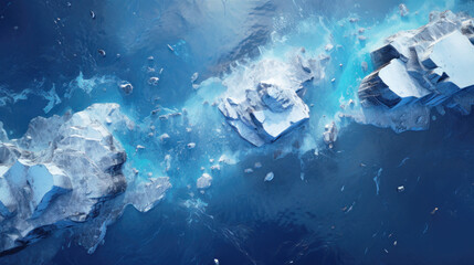 Aerial top view of frozen rocks in Antarctica, ocean water, ice and glacier. Antarctic landscape with islands, snow and icebergs. Concept of sea, nature, winter, background - obrazy, fototapety, plakaty