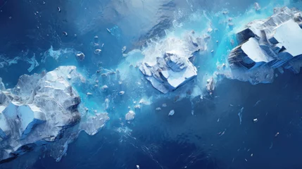 Foto op Canvas Aerial top view of frozen rocks in Antarctica, ocean water, ice and glacier. Antarctic landscape with islands, snow and icebergs. Concept of sea, nature, winter, background © Natalya