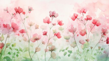  a painting of pink flowers with green leaves on a pink and green background with a pink sky in the background and green leaves on the bottom right side of the image.