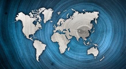 World map and Asia China in the center of global expansion on blue textured background