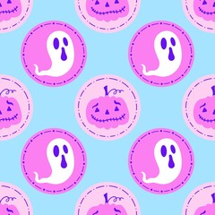 Cartoon retro Halloween seamless ghost and pumpkins pattern for wrapping paper and fabrics and kids