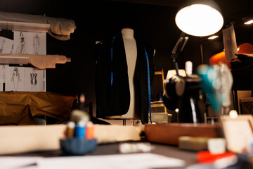 Upscale professional tailoring studio full of premium quality bespoken sartorial clothing on mannequins fashion design sketch drawings on walls. Atelier shop with stylish elegant fashion collection