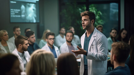 Medical team educating a man in a professional healthcare seminar