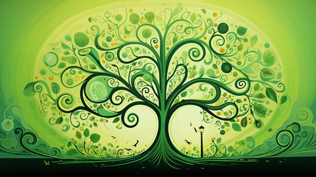 an imaginative Saint Patrick's Day themed graphic with a flourishing green tree and decorative elements symbolizing the holiday