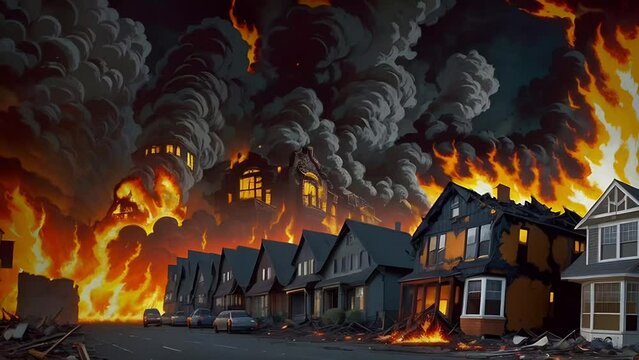 A terrifying inferno engulfs a residential street, with houses ablaze and a massive firestorm cloud above, depicting the horror of a wildfire disaster.