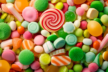 Fototapeta na wymiar Pile of variety of delicious candies, green candies, lollipops and sweets 